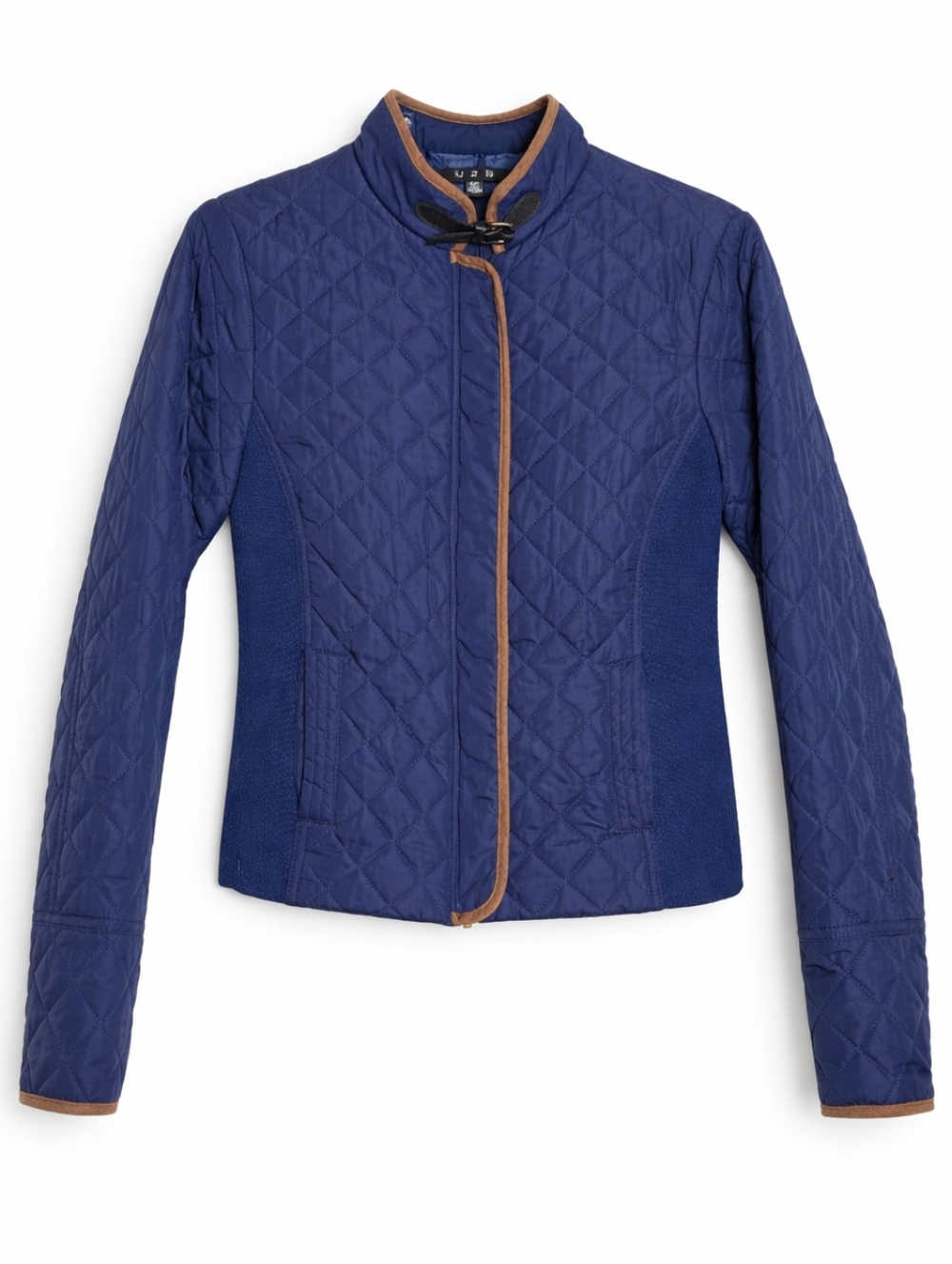 ​U2B Royal Blue Quilted Equestrian Barn Jacket Cognac Faux Leather Trim Preppy
